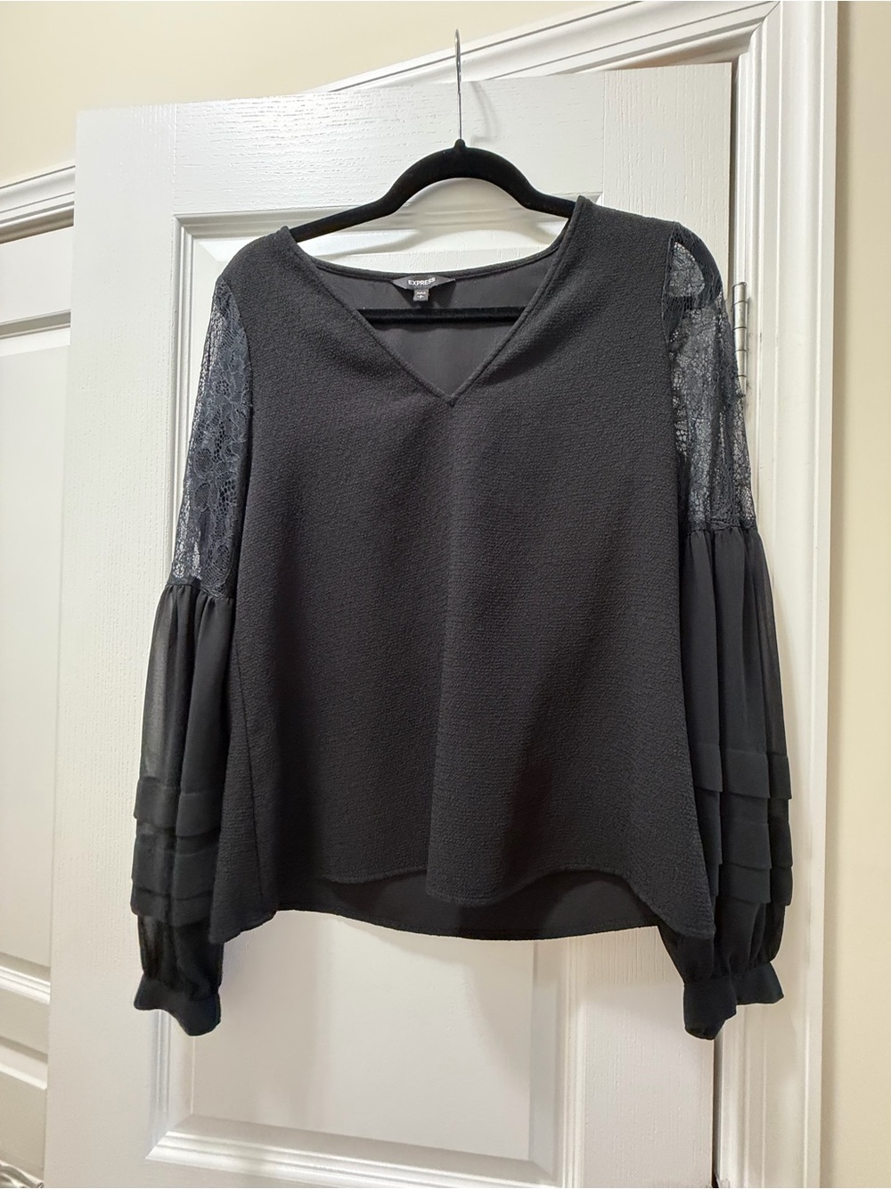 Express Black Lace Bishop Sleeve V-Neck Blouse